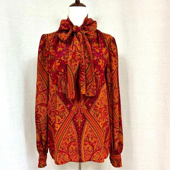 Saint Laurent Paris Rive Gauche Vintage Red and Orange Paisley Blouse - Picture 1 of 8